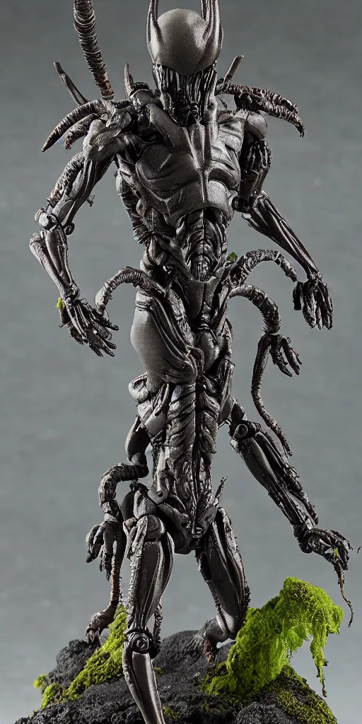 Image similar to bootleg figure of a plastic xenomorph surrounded of dirt and moss secondhand, mcfarlane, figma, cursed photography