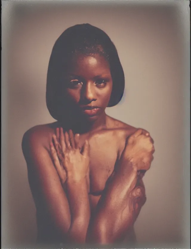 Image similar to polaroid photo with flash, portrait of a dark skin woman in top, polaroid photo bleached strong lights, kodak film stock, hyper real, stunning moody cinematography, with anamorphic lenses, by maripol, detailed