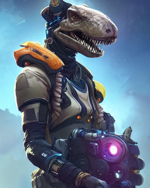 Prompt: Trex as an Apex Legends character digital illustration portrait design by, Anna Dittmann detailed, gorgeous lighting, wide angle action dynamic portrait