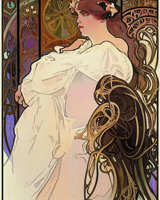 Image similar to painting alphonse mucha, the interior of the opera house, a singer in a white dress on a lighted stage, a palette of pastel colors