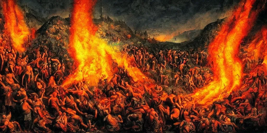 Image similar to kodak picture of dante's inferno, vivid color, saturated, realistic, cinematic, close shot