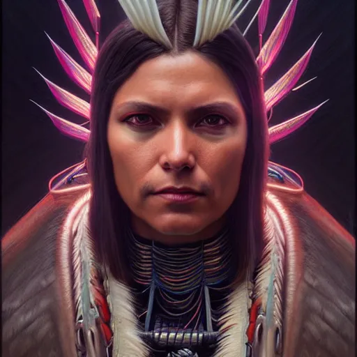 Image similar to portrait painting of a cyberpunk corporate boss native american, ultra realistic, concept art, intricate details, eerie, highly detailed, photorealistic, octane render, 8 k, unreal engine. art by artgerm and greg rutkowski and charlie bowater and magali villeneuve and alphonse mucha