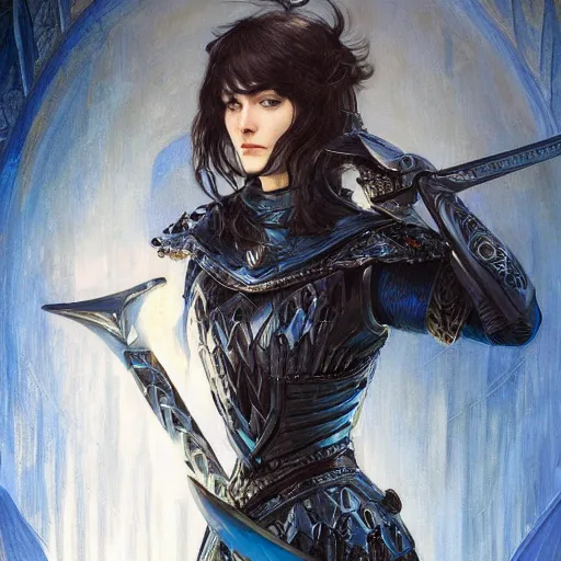 Image similar to woman dressed in plate armor with black hair and blue eyes wielding a greatsword, elegant, digital illustration, fire magic, detailed, intricate, sharp focus, digital painting, deep focus, digital painting, artstation, concept art, matte, art by artgerm and greg rutkowski and alphonse mucha