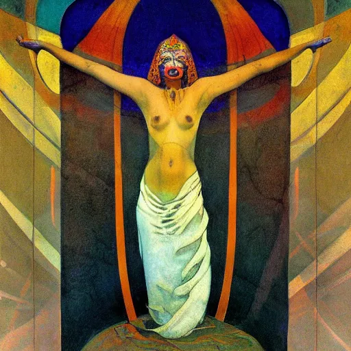 Prompt: the shaman of the subway, an art deco painting by annie swynnerton and leo and diane dillon and diego rivera and nicholas roerich, dramatic lighting, god rays, smooth, sharp focus, highly detailed