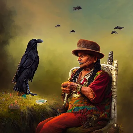 Image similar to n elderly indian don juan is sitting in a field with peyote and smoking a pipe, a raven walks next to him, beautiful fantasy detailed trending on artstation, oil painting, dramatic lighting, eterea, high quality print, fine art with subtle redshift rendering