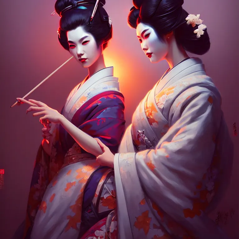 Image similar to pretty geisha, d & d digital painting, ultra realistic, beautiful, volumetric lighting, cell shading, by james jean, greg rutkowski, wlop