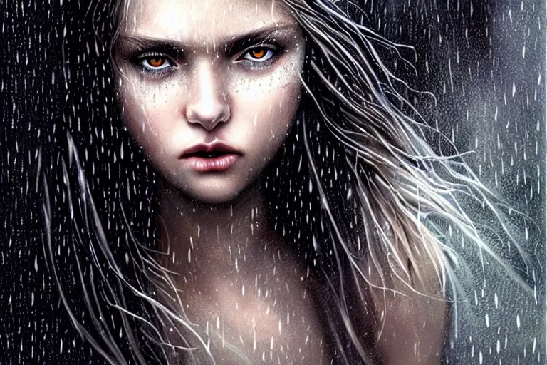 Prompt: girl flying freely in rain with wet hair and face, glowing eyes, fantasy, captivating dynamic facial expression, intricate, elegant, dramatic lighting, emotionally evoking symbolic metaphor, highly detailed, lifelike, photorealistic, digital painting, artstation, concept art, smooth, sharp focus, illustration, art by John Collier and Albert Aublet and Krenz Cushart and Artem Demura and Alphonse Mucha