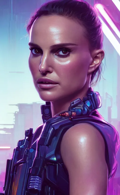 Image similar to portrait of Natalie Portman as a character in arabian Cyberpunk 2077, looking at camera, intricate, dystopian, sci-fi, extremely detailed, digital painting, artstation, concept art, smooth, sharp focus, illustration, intimidating lighting, incredible art by artgerm and greg rutkowski and alphonse mucha and simon stalenhag