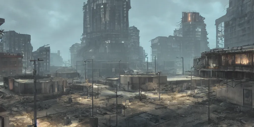 Image similar to fallout concept art neodeco singular building render grim realistic lighting unreal engine 5