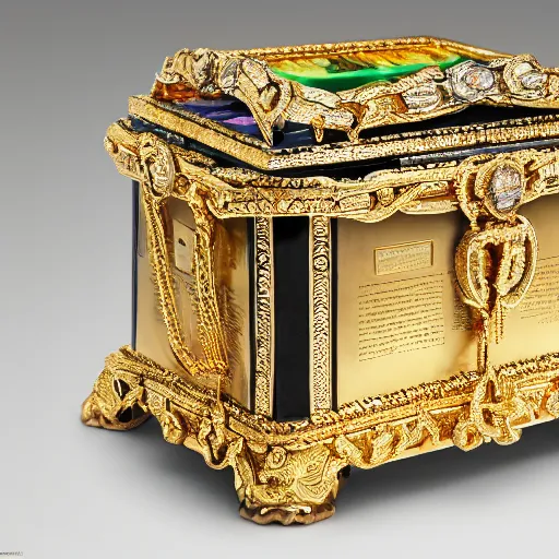 Image similar to A Ayleid chest filled with jewels and golden artefacts, 4k, hdri, museum quality photo