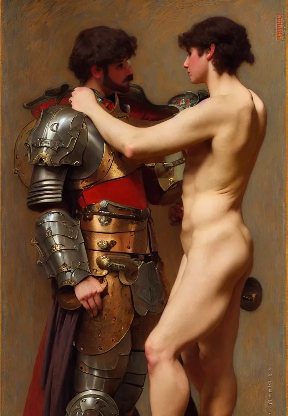 Image similar to attractive handsome fully clothed beck hansen confesses his love for attractive fully armored bjorl. centered composition. highly detailed painting by gaston bussiere and j. c. leyendecker and william adolphe bouguereau and fra angelico and octane render, musee d'orsay 8 k