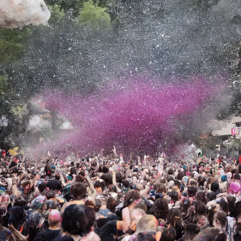 Image similar to huge explosion with mushroom cloud, glitter bomb, paint splatters, crowd of people get covered in paint and glitter