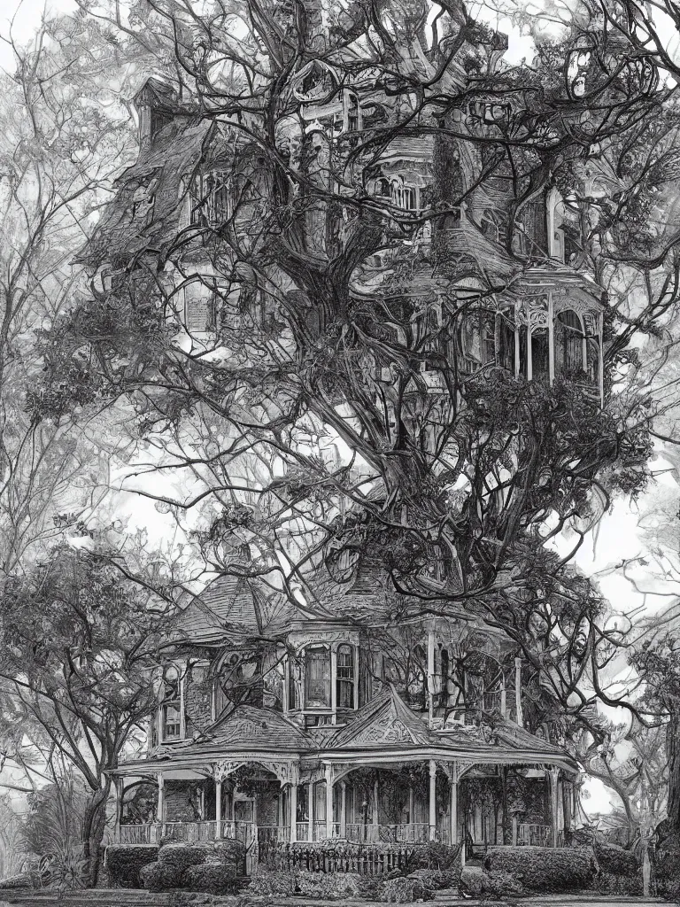 Prompt: a victorian house with a tree at its left side and a garden at its right side, pencil drawing, black and white, trending on artstation, behance, deviantart, drawn by tom lovell, artgerm, jsc, j. scott campbell