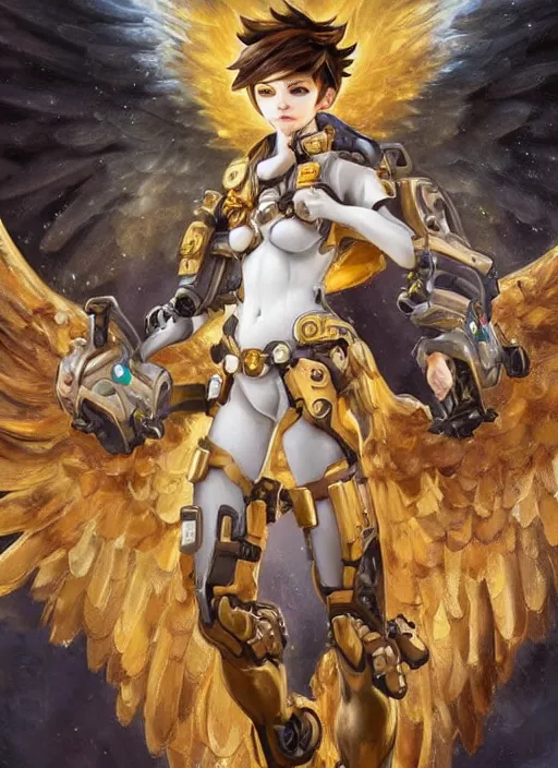 Image similar to full body oil painting of tracer overwatch in the style of sophie anderson, angel wings, angelic golden armor, dramatic painting, symmetrical composition, ornate, golden chains, high detail, gold detailed collar!!!!!, blooming, angelic, lights, flowers, heavenly, bright, detailed face,