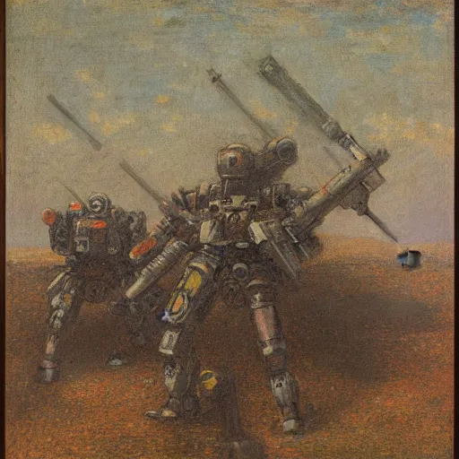 Image similar to Still life of a combat mech surrounded by its weapons, in the style of Henri Fantin-Latour