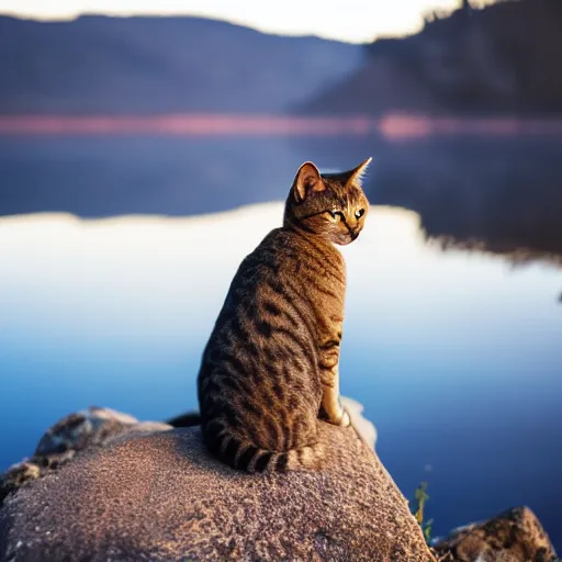 Prompt: a detailed professional photo of a cat wearing a hat, sitting on rock next to a lake at sunset, 4K,