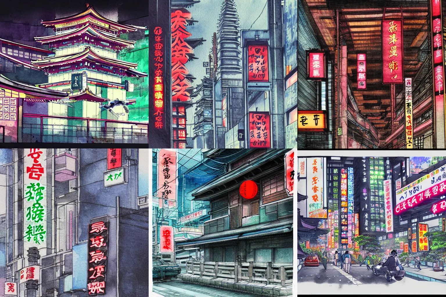Prompt: Japanese temple. Cyberpunk. Tokyo. Augmentation. Neon. Advertisement. Dense buildings. Watercolor drawing