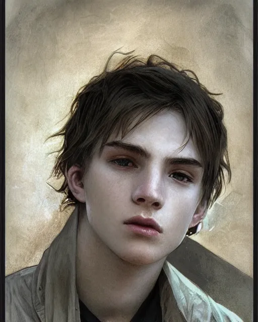 Image similar to portrait a 1 5 - year - old boy, with slender, sleek white - blond hair, cold grey eyes, a pale complexion with sharp and pointed features, wearing black clothes, hyper realistic face, beautiful eyes, close up, fantasy art, in the style of greg rutkowski, intricate, alphonse mucha, hyper detailed, smooth