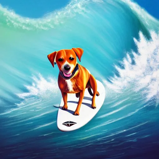 Prompt: dog riding a surfboard on a big wave, photorealistic