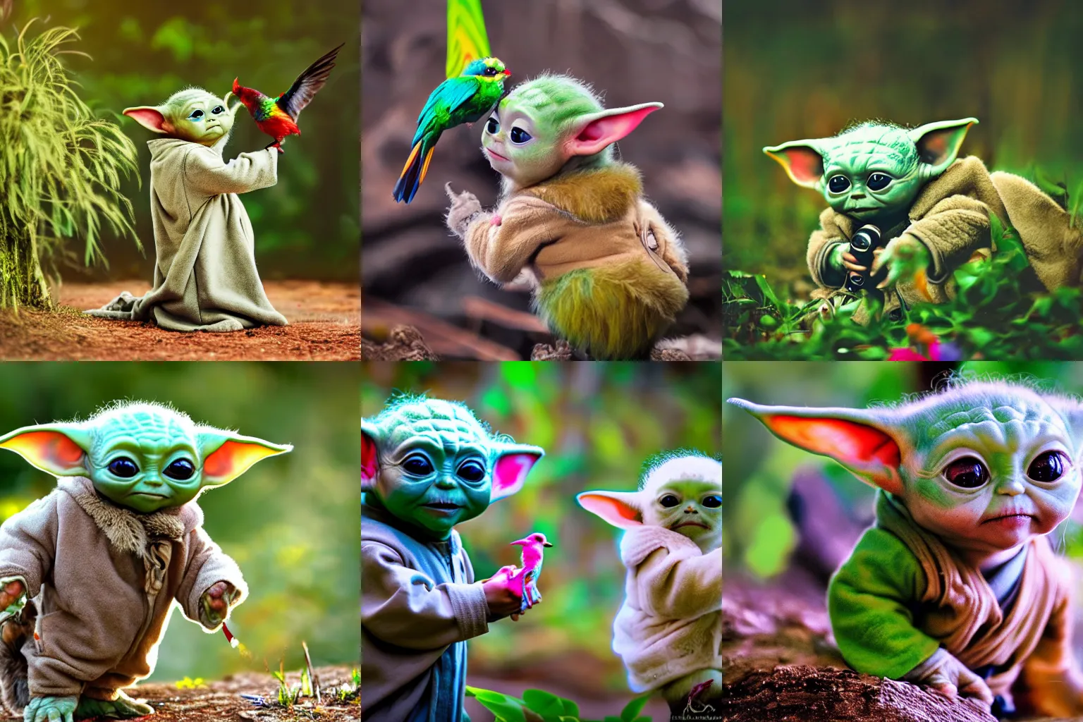 Prompt: wildlife photography of baby Yoda in the wildernis playing with a colorful bird