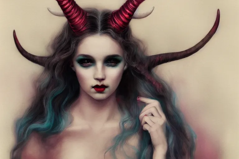 Image similar to pretty demon girl with horns photograph in the style of tom bagshaw, colorful, realistic, 8 k