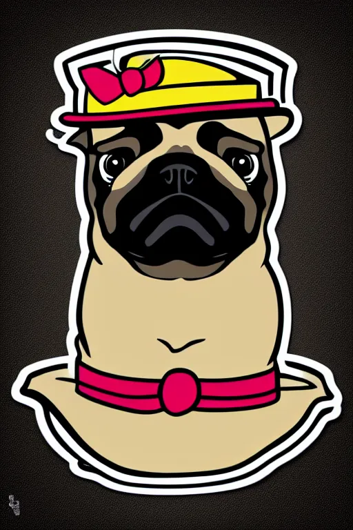 Image similar to A portrait of a pug with a top hat, sticker, colorful, illustration, highly detailed, smooth and clean vector curves, no jagged lines, vector art, smooth