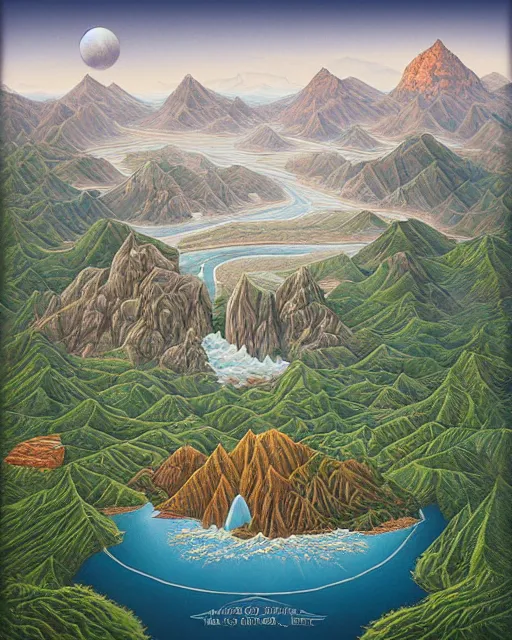 Image similar to mountaintop river flat illustration by jacek yerka trending on artstation