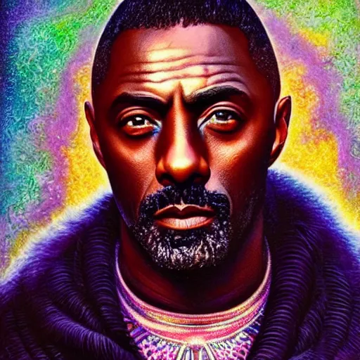 Image similar to portrait of idris elba, hyper detailed masterpiece, neon floral pattern, jean giraud, digital art painting, darkwave goth aesthetic, psychedelic, artgerm, donato giancola and tom bagshaw