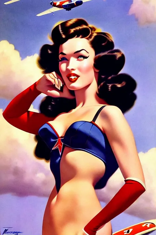Image similar to beautiful megan fox retro future varga girl, windblown dark hair, retro pinup model, seductive, 1 9 4 0, glamour pose, intricate, hyper detailed, digital art, smooth, sharp focus, alberto vargas, gil elvgren, greg rutkowski