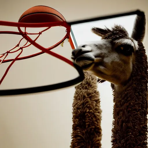 Image similar to film still of a llama dunking a basketball, low angle, extreme long shot, indoors, dramatic backlighting