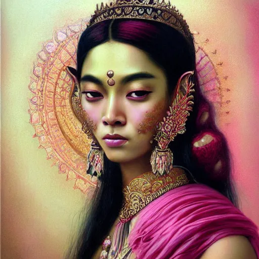 Image similar to portrait of a majestic asian indian queen of beauty, pink and gold, by Anato Finnstark, Tom Bagshaw, Brom