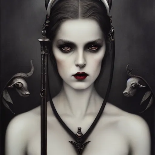 Image similar to By Tom Bagshaw, ultra realist soft painting of zynoid curiosities by night, very beautiful single female gothic fully dressed, horns, symmetry accurate features, very intricate details, ominous sky, black and white, volumetric light clouds