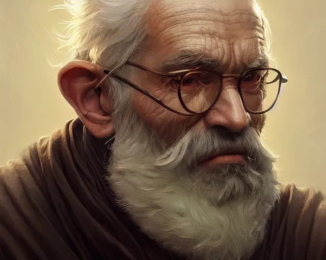 Image similar to highly detailed photorealistic old man, deep focus, d & d, fantasy, intricate, elegant, highly detailed, digital painting, artstation, concept art, matte, sharp focus, illustration, hearthstone, art by artgerm and greg rutkowski and alphonse mucha