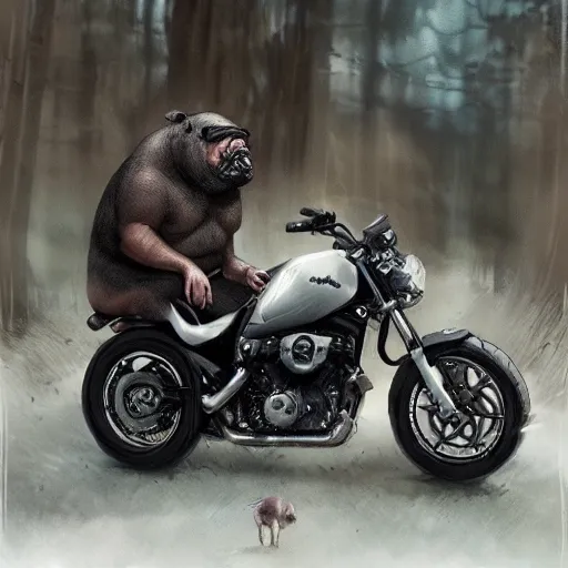 Prompt: A biker pig with a beard next to other biker animales bikers, hyperrealistic, greg rutkowski, trending in artstation, cinematographic