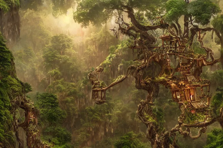 Image similar to a wood - elf village suspended high up in the redwood tree canopies, connected by rope bridges, fantasy setting, dense vegetation, very detailed, d & d concept art, 4 k