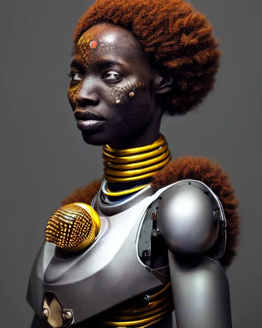 Prompt: beautiful afrofuturistic himba woman holding her helmet, otjize, led detailed spacesuit, himba hairstyle, robotic arms, hyperrealistic, scifi, retouched photograph, dark, muted colors