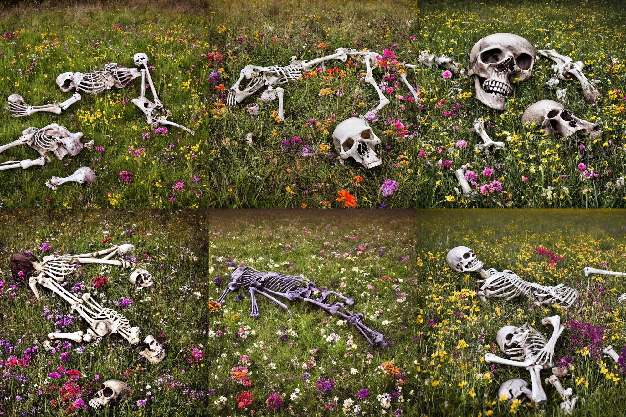 Prompt: professional, atmospheric photograph of decaying skeletons and bones. in a meadow of flowers