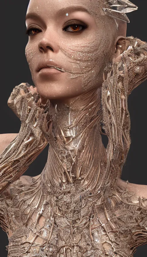 Image similar to full body detailed, ethereal, biomechanical, covered in diamonds and other gems glowing, highly detailed face, elegant posed, intricate, extremy detailed, beeple, cgsociety, 3 d unreal engine octane render. cinematic lighting, highly detailed 4 k art