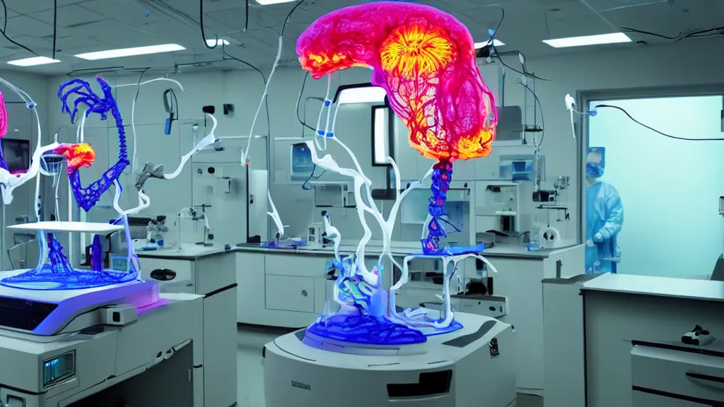 Image similar to a complex bifurcated surgical arm hybrid mri 3 d printer machine making colorful mutant forms with control panels in the laboratory inspection room, film still from the movie directed by denis villeneuve with art direction by salvador dali, wide lens