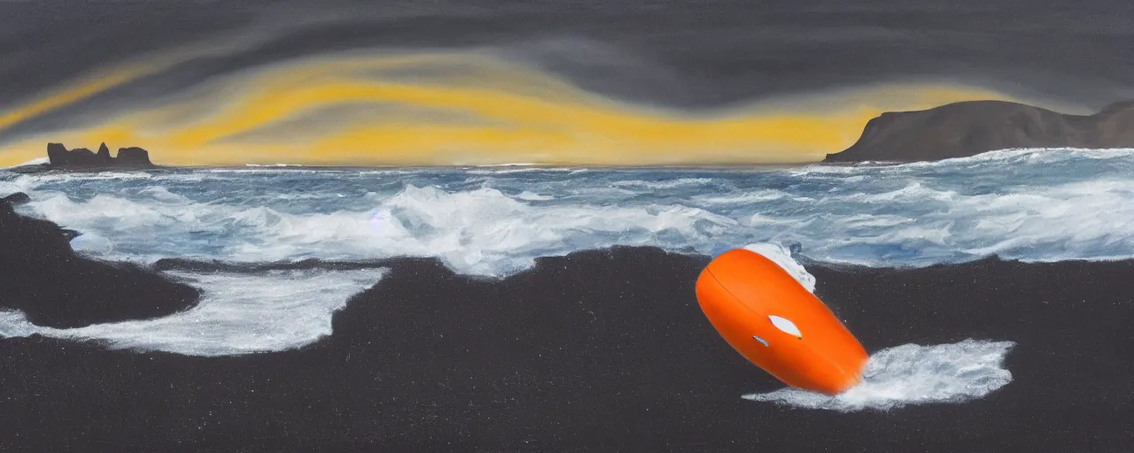 Prompt: painting of giant orange and white military spacecraft crashing into an endless black sand beach in iceland with icebergs in the distance, 2 8 mm, shockwave