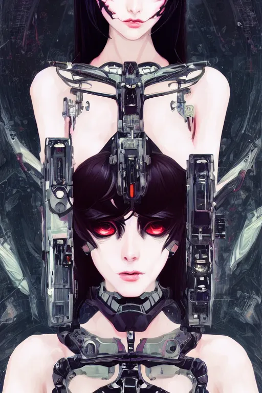 Prompt: portrait of beautiful young gothic cyborg anime maiden. Anime, cyberpunk, Warhammer, highly detailed, artstation, illustration, art by Ilya Kuvshinov and Gustav Klimt