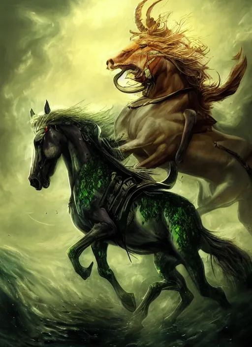 Prompt: the singular horseman of the apocalypse is riding a strong fierce ferocious rabid undead green stallion, horse is up on its hind legs, the strong male rider is death with a scithe, beautiful artwork by artgerm and rutkowski, breathtaking, beautifully lit, dramatic