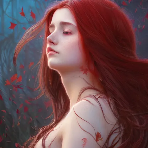 Image similar to girl with super long hair, hair becoming autumn red leaves, intricate, highly detailed, digital painting, artstation, concept art, smooth, sharp focus, illustration, unreal engine 5, 8 k, art by artgerm and greg rutkowski and alphonse mucha