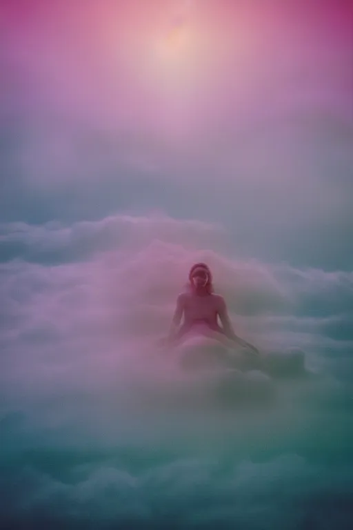 Image similar to high quality pastel coloured film photograph of a model wearing clothing resting on cloud furniture in a icelandic black rock environment in a partially haze filled dreamstate world. three point light, rainbow. photographic production. art directed. pastel colours. volumetric clouds. pastel gradient overlay. waves glitch artefacts. 8 k. filmic.