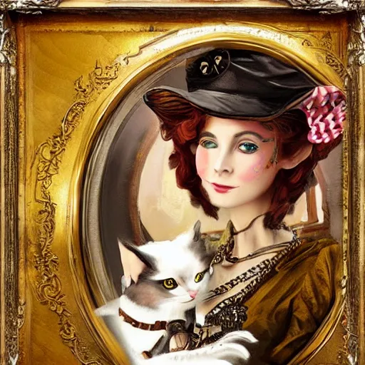 Prompt: steampunk beauty with her mechanical cat is travelling on a train, oil painting,