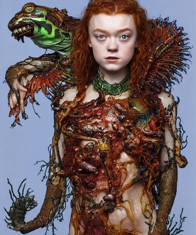 Prompt: portrait photograph of a fierce sadie sink as an alien harpy queen with slimy amphibian skin. she is trying on bulbous slimy organic membrane fetish fashion choker and transforming into a fiery succubus amphibian villian medusa. by donato giancola, walton ford, ernst haeckel, brian froud, hr giger. 8 k, cgsociety