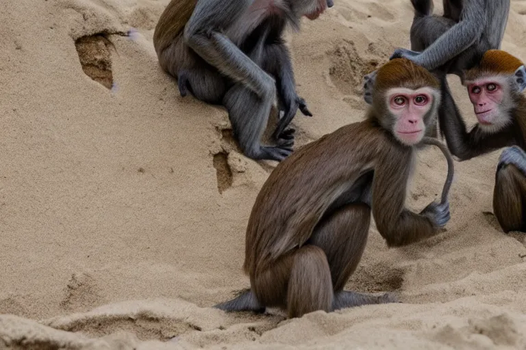 Image similar to full view of monkeys touching a castle made of sand