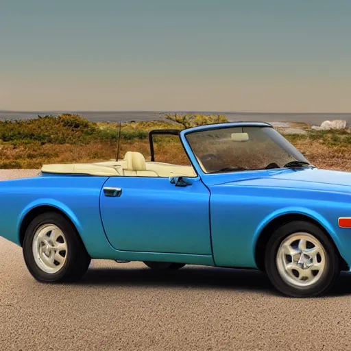 Prompt: a photorealistic image of a blue 1970 Datsun roadster