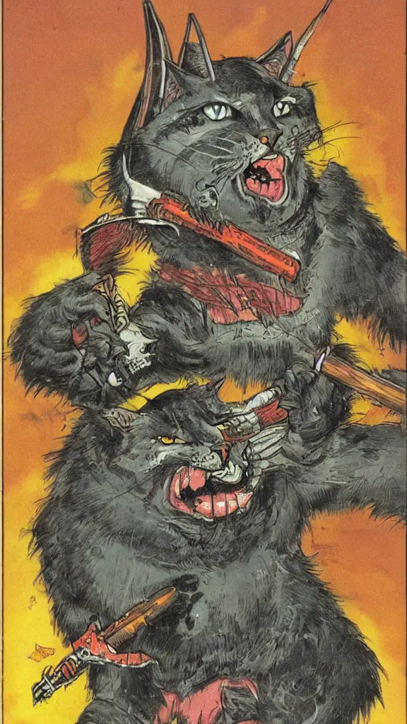 Prompt: 1 9 8 0 s heavy metal magazine illustration of a barbarian cat by ralph bakshi