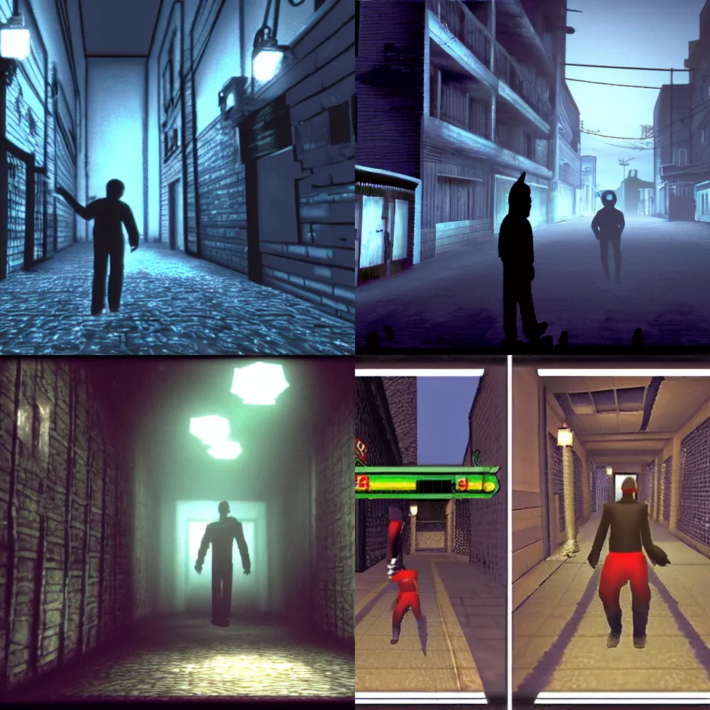 Prompt: Horror Game Screenshots, A man walking in a creepy dark city at night, Nintendo64